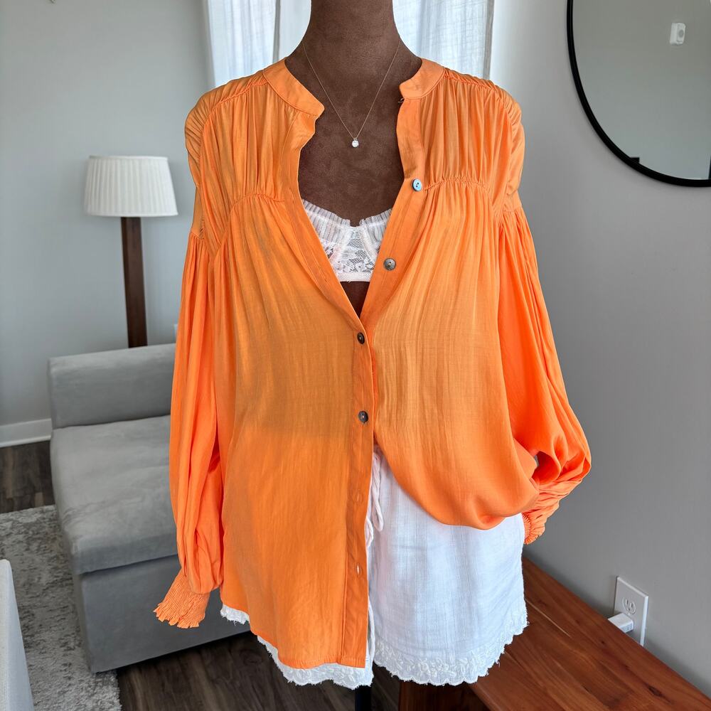 Entro Bright Apricot Orange Puff Sleeve Blouse Button Front Semi Sheer Size S - Picture 2 of 8
